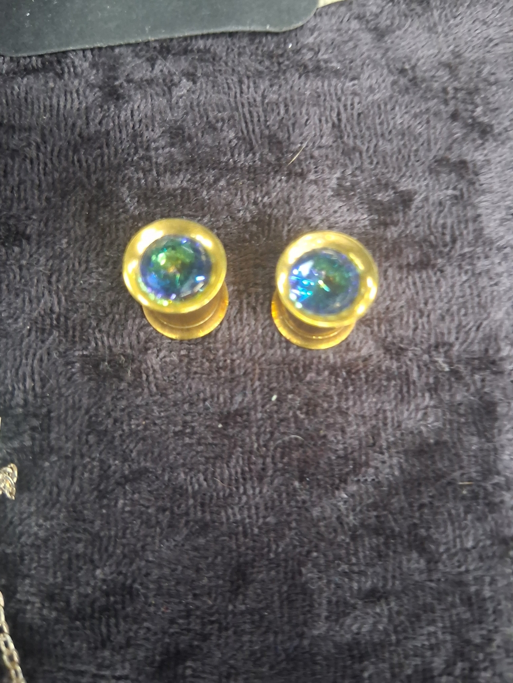 Gold Tone Plug Earrings with Iridescent Blue-Green Gems
